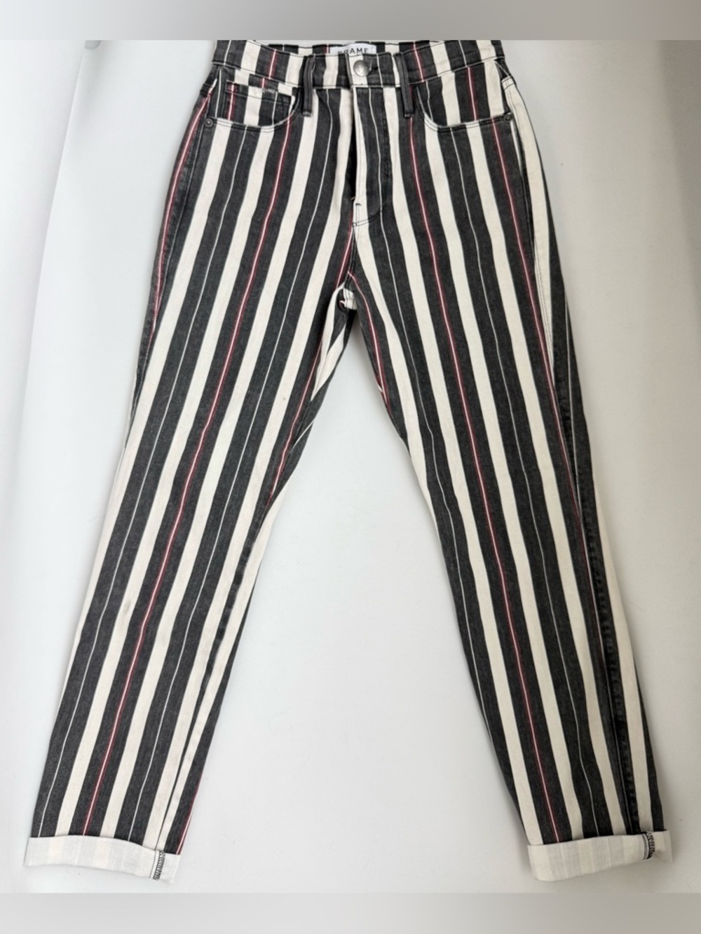 FRAME Le Sylvie Slender Straight Jeans Sz 25 Black White Stripe USA